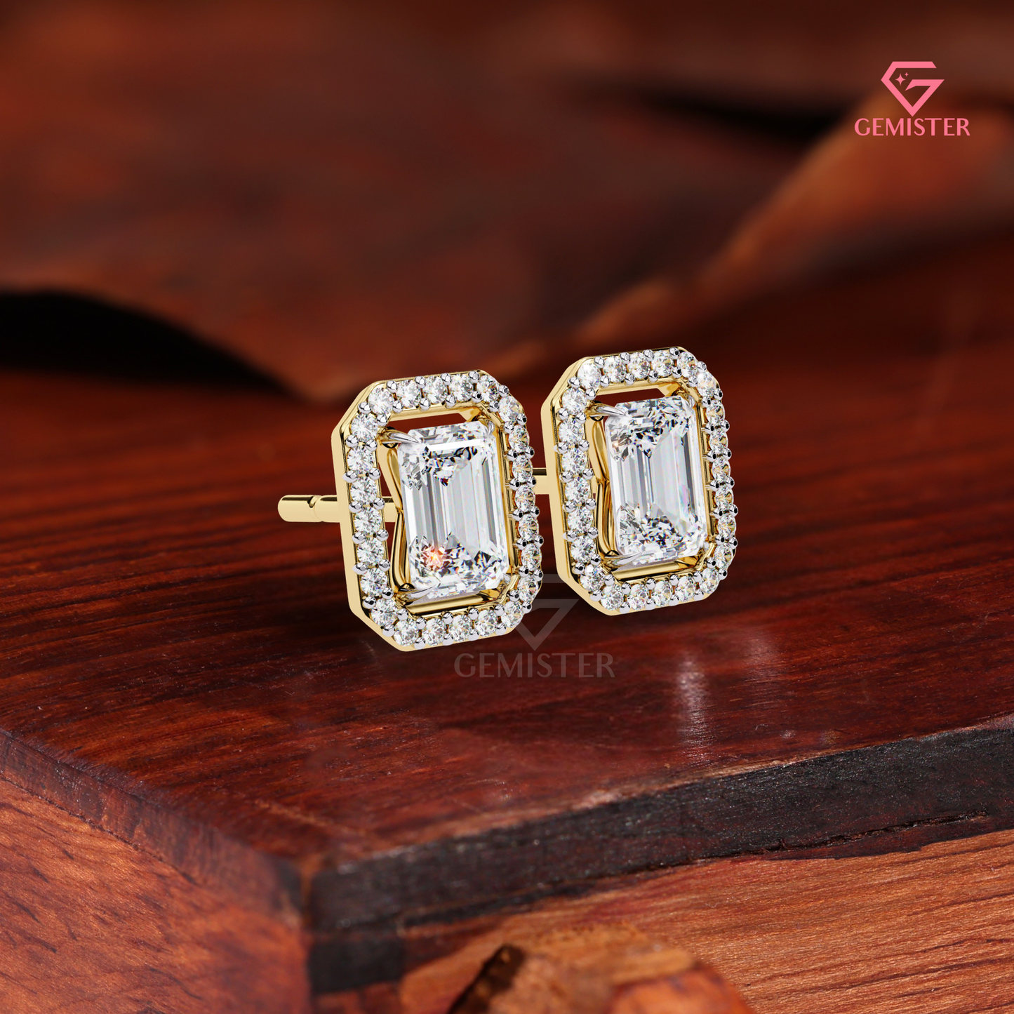 Emerald-Cut Moissanite Floating Halo Stud Earrings in 14K Gold