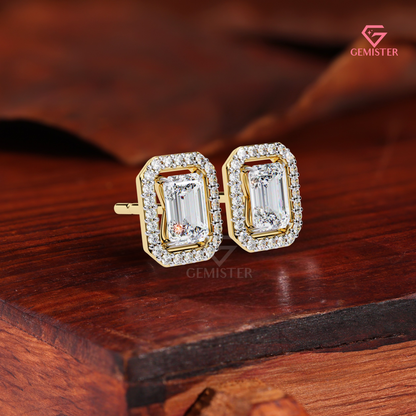 Emerald-Cut Moissanite Floating Halo Stud Earrings in 14K Gold