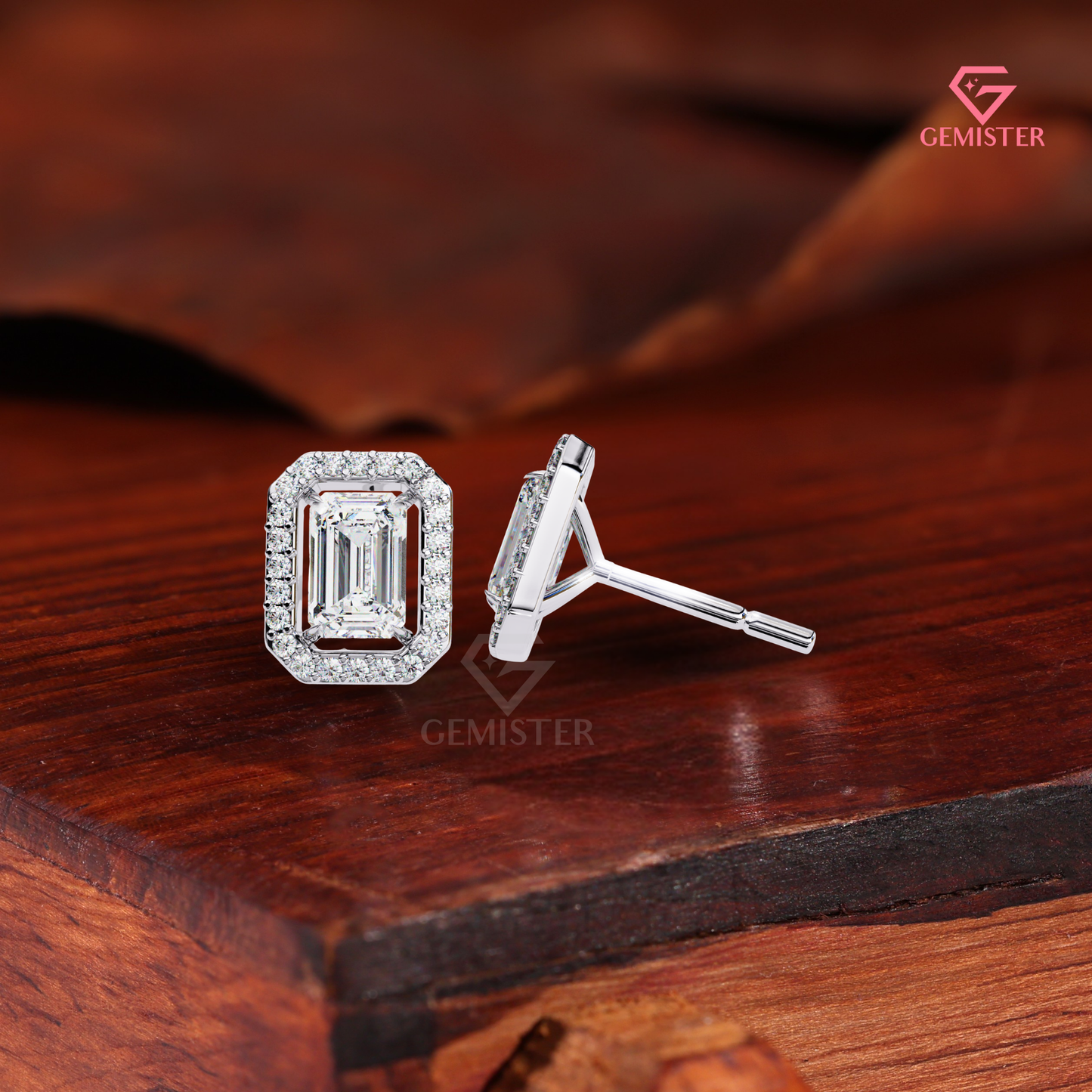 Emerald-Cut Moissanite Floating Halo Stud Earrings in 14K Gold