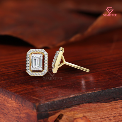 Emerald-Cut Moissanite Floating Halo Stud Earrings in 14K Gold