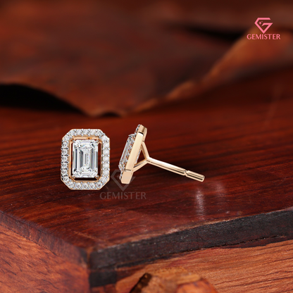 Emerald-Cut Moissanite Floating Halo Stud Earrings in 14K Gold