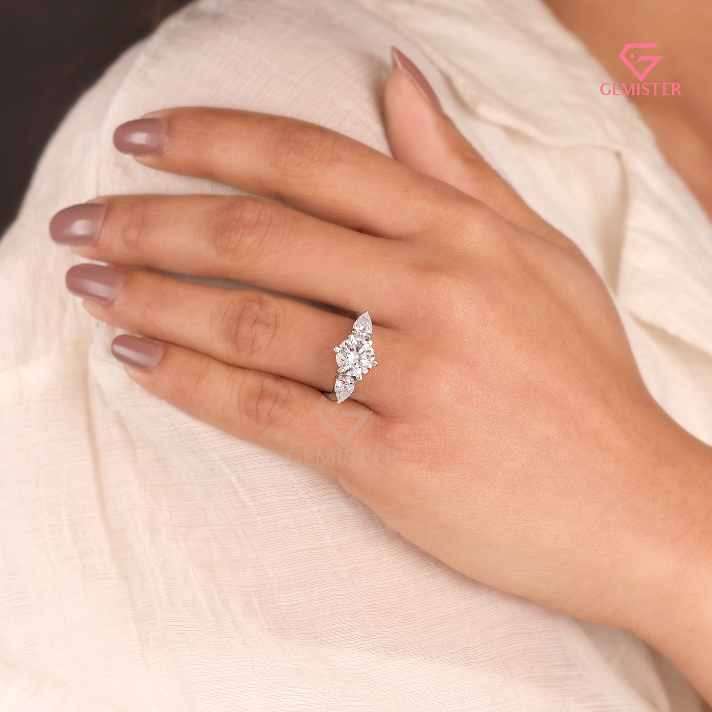 Round Brilliant and Pear Lab Grown Diamond Cut 3-Stone Engagement Ring in 14K White Gold