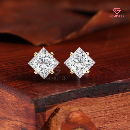 Princess-Cut Moissanite Kite-Set Stud Earrings in 14K Gold