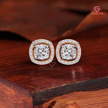 Cushion-Cut Moissanite Floating Halo Stud Earrings in 14K White Gold