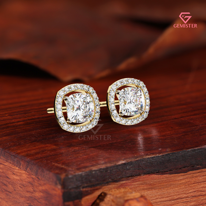 Cushion-Cut Moissanite Floating Halo Stud Earrings in 14K White Gold