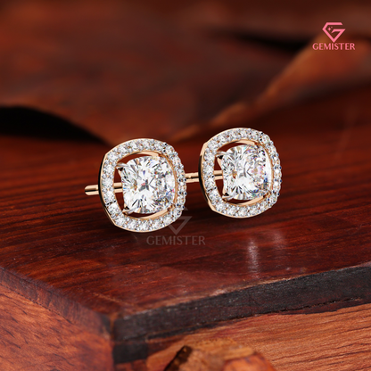 Cushion-Cut Moissanite Floating Halo Stud Earrings in 14K White Gold