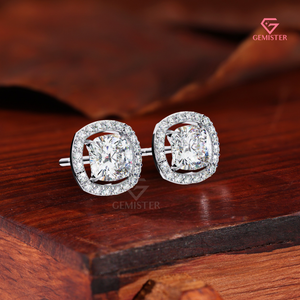 Cushion-Cut Moissanite Floating Halo Stud Earrings in 14K White Gold