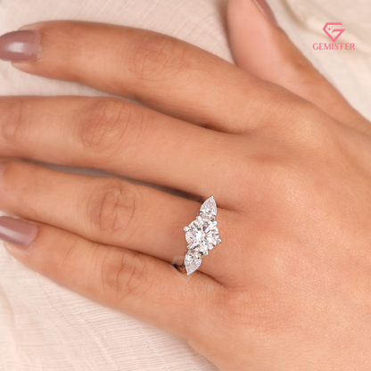 Round Brilliant and Pear Lab Grown Diamond Cut 3-Stone Engagement Ring in 14K White Gold