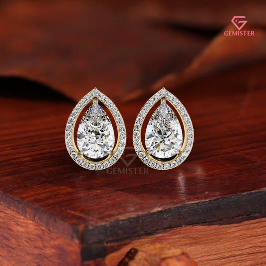 Elegant Pear-Cut Moissanite Floating Halo Stud Earrings, 14K Gold VVS Clarity Jewelry