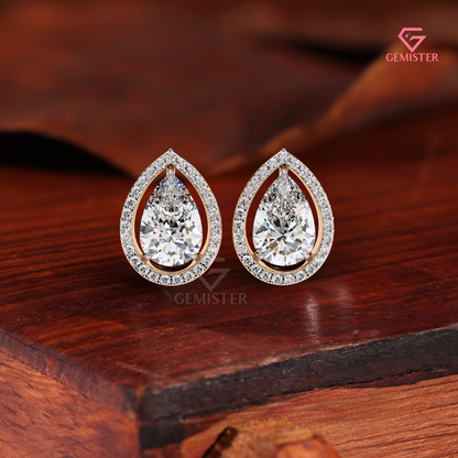 Elegant Pear-Cut Moissanite Floating Halo Stud Earrings, 14K Gold VVS Clarity Jewelry