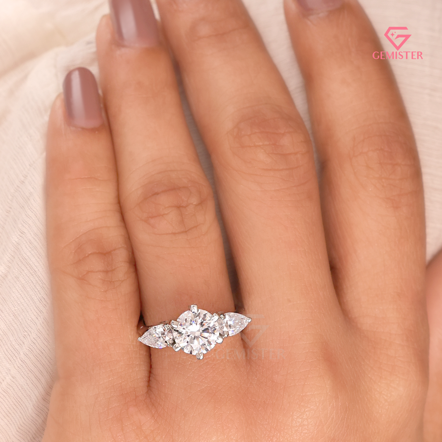 Round Brilliant and Pear Lab Grown Diamond Cut 3-Stone Engagement Ring in 14K White Gold