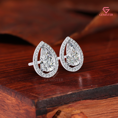 Elegant Pear-Cut Moissanite Floating Halo Stud Earrings, 14K Gold VVS Clarity Jewelry