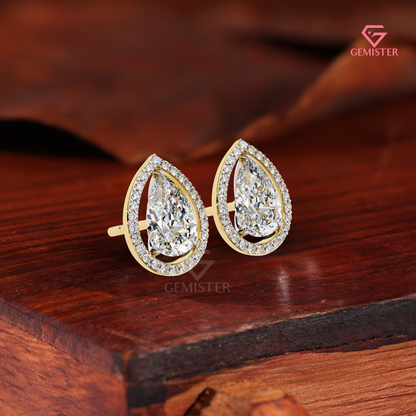 Elegant Pear-Cut Moissanite Floating Halo Stud Earrings, 14K Gold VVS Clarity Jewelry
