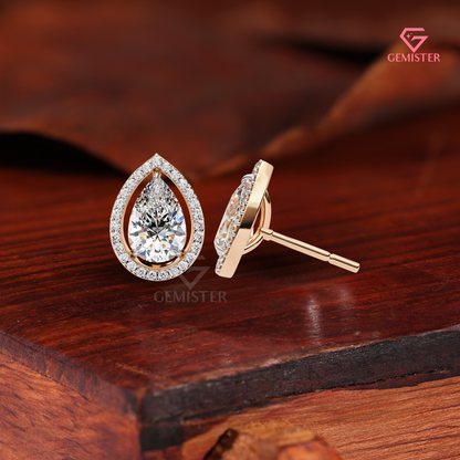 Elegant Pear-Cut Moissanite Floating Halo Stud Earrings, 14K Gold VVS Clarity Jewelry