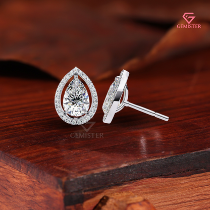 Elegant Pear-Cut Moissanite Floating Halo Stud Earrings, 14K Gold VVS Clarity Jewelry