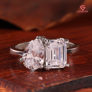 Toi et Moi Emerald and Pear Cut Moissanite Engagement Ring in 14K White Gold