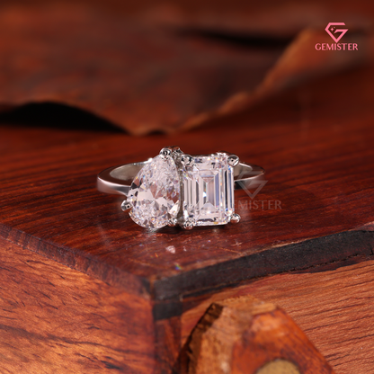 Toi et Moi Emerald and Pear Cut Lab Grown Diamond Engagement Ring in 14K White Gold