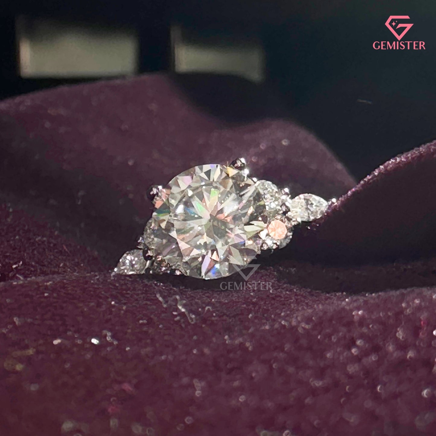 Round Brilliant Cut Moissanite Three Stone Ring | Marquise Accent Diamond Cluster Band