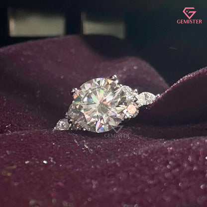 Round Brilliant Cut Moissanite Three Stone Ring | Marquise Accent Diamond Cluster Band