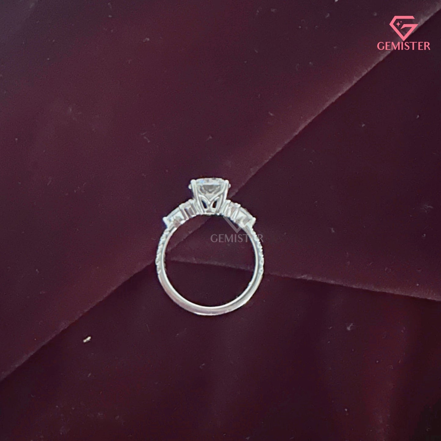 Round Brilliant Cut Moissanite Three Stone Ring | Marquise Accent Diamond Cluster Band