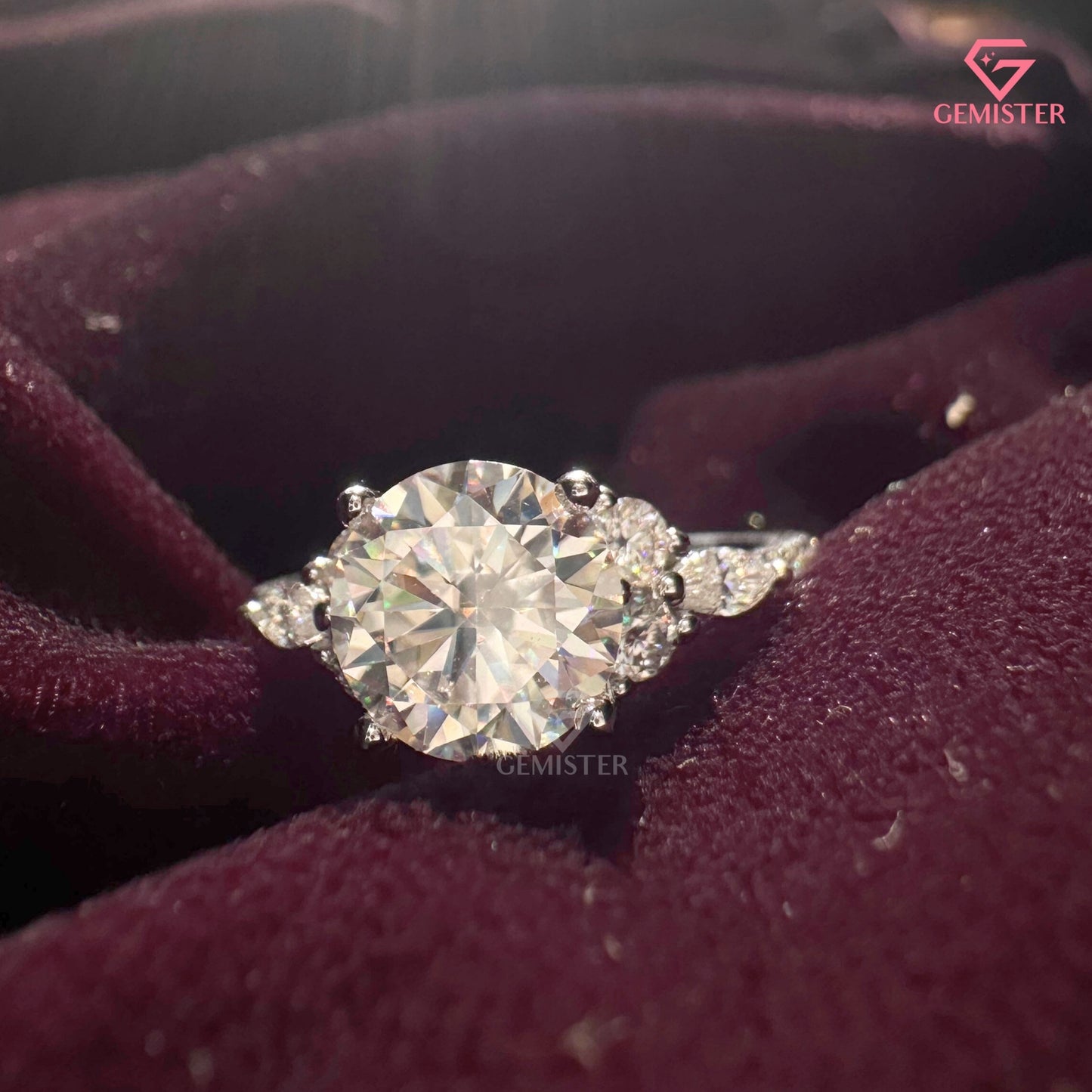 Round Brilliant Cut Moissanite Three Stone Ring | Marquise Accent Diamond Cluster Band