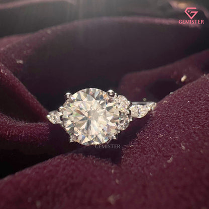 Round Brilliant Cut Moissanite Three Stone Ring | Marquise Accent Diamond Cluster Band