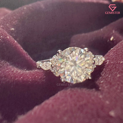 Round Brilliant Cut Moissanite Three Stone Ring | Marquise Accent Diamond Cluster Band
