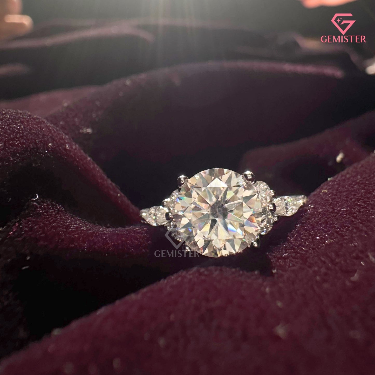 Round Brilliant Cut Moissanite Three Stone Ring | Marquise Accent Diamond Cluster Band