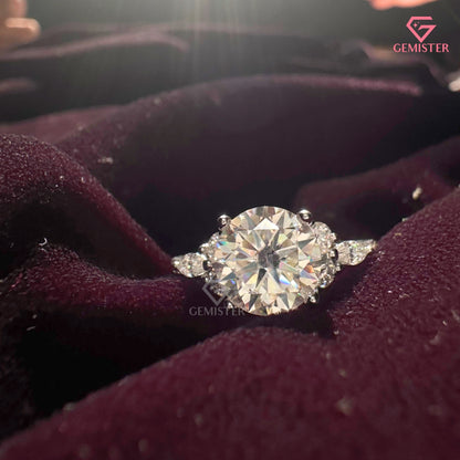 Round Brilliant Cut Moissanite Three Stone Ring | Marquise Accent Diamond Cluster Band