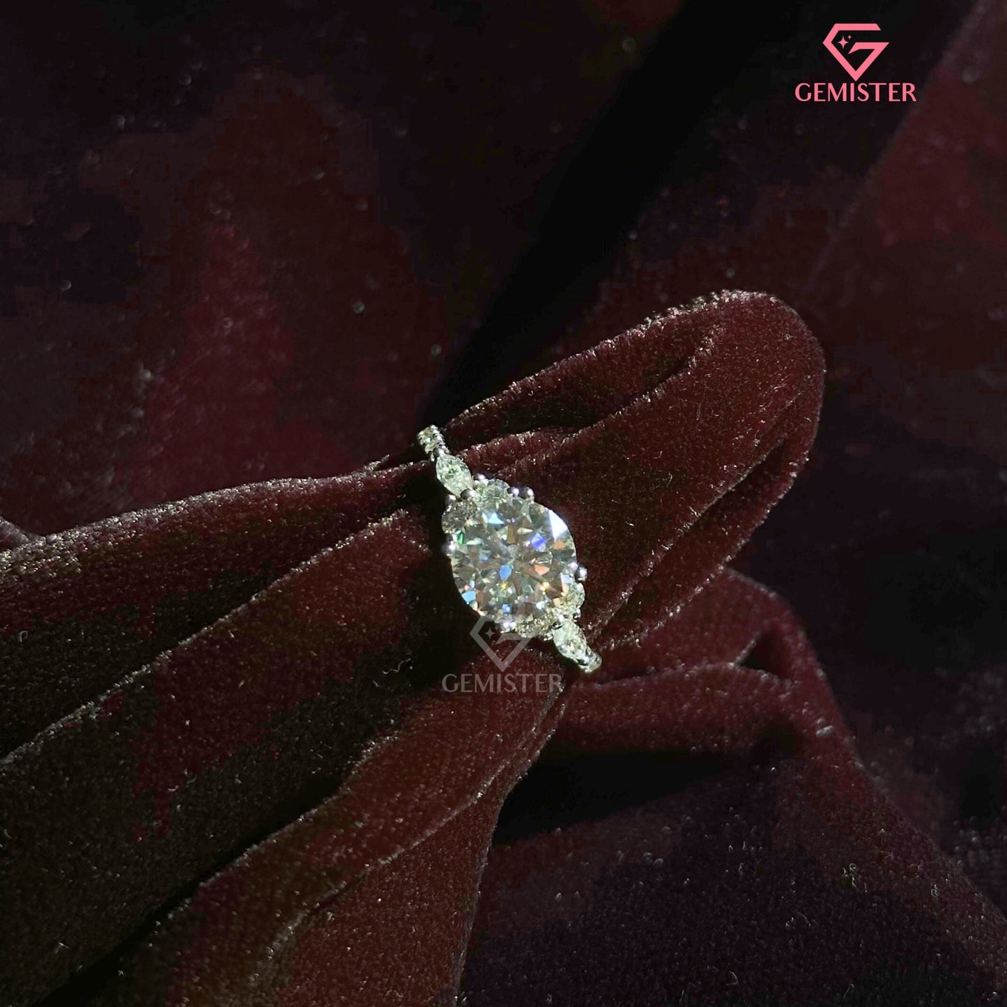 Round Brilliant Cut Moissanite Three Stone Ring | Marquise Accent Diamond Cluster Band