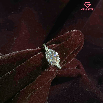 Round Brilliant Cut Moissanite Three Stone Ring | Marquise Accent Diamond Cluster Band