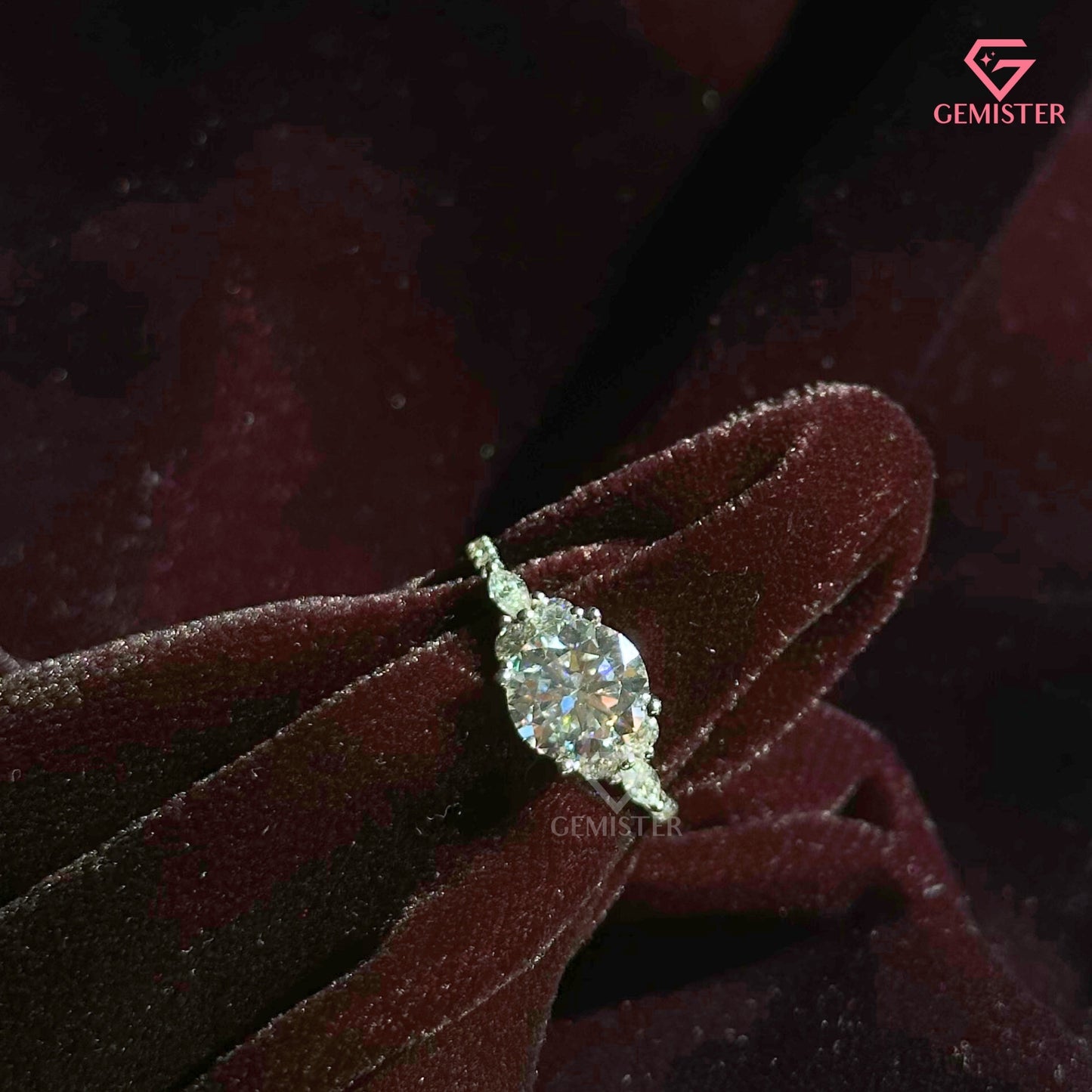 Round Brilliant Cut Moissanite Three Stone Ring | Marquise Accent Diamond Cluster Band