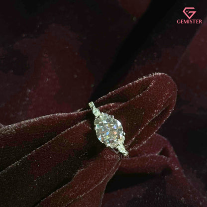 Round Brilliant Cut Moissanite Three Stone Ring | Marquise Accent Diamond Cluster Band