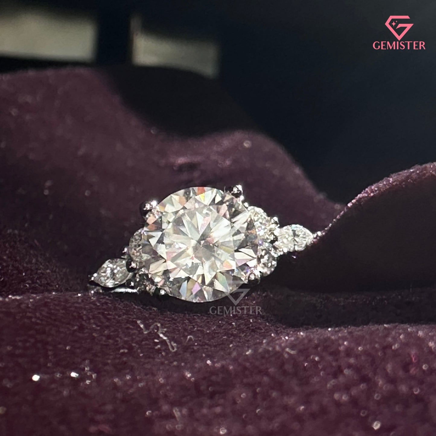 Round Brilliant Cut Moissanite Three Stone Ring | Marquise Accent Diamond Cluster Band