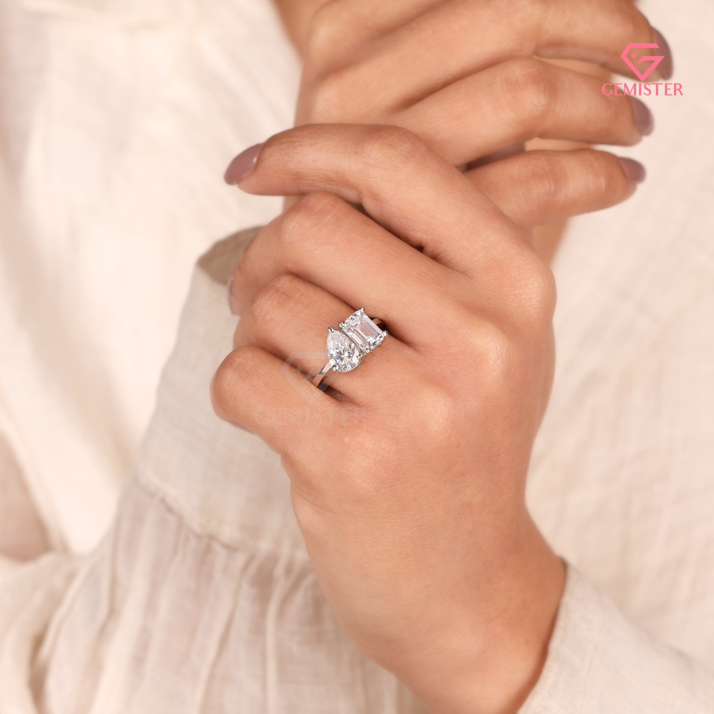 Toi et Moi Emerald and Pear Cut Lab Grown Diamond Engagement Ring in 14K White Gold