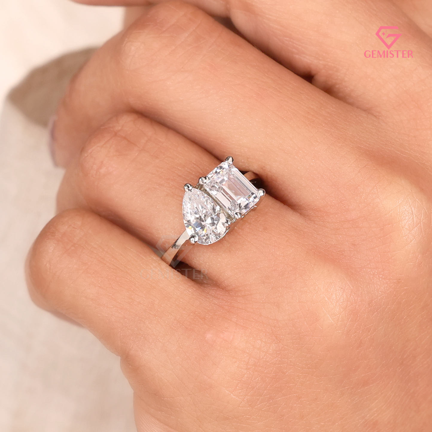 Toi et Moi Emerald and Pear Cut Lab Grown Diamond Engagement Ring in 14K White Gold