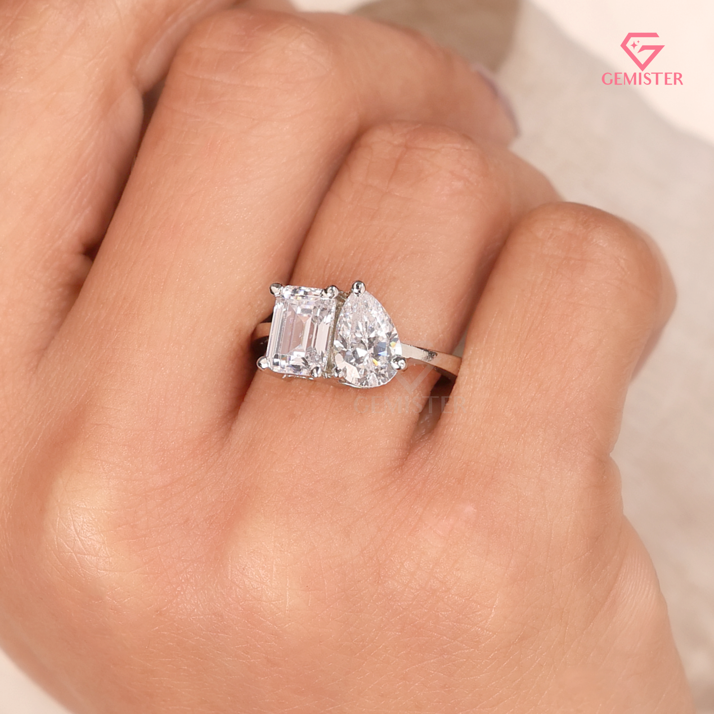 Toi et Moi Emerald and Pear Cut Lab Grown Diamond Engagement Ring in 14K White Gold