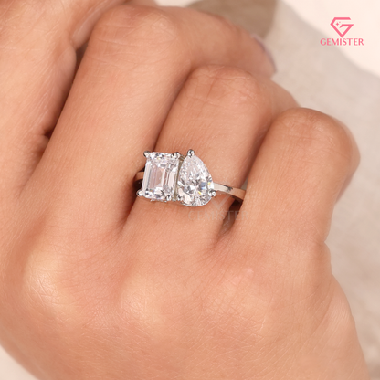 Toi et Moi Emerald and Pear Cut Lab Grown Diamond Engagement Ring in 14K White Gold