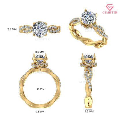 2 CT Round Brilliant Cut Lab Grown Diamond Engagement Ring, Twisted Infinity Vine Diamond Ring