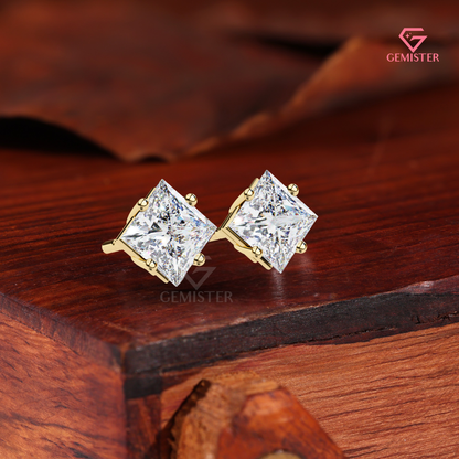 Princess-Cut Moissanite Kite-Set Stud Earrings in 14K Gold