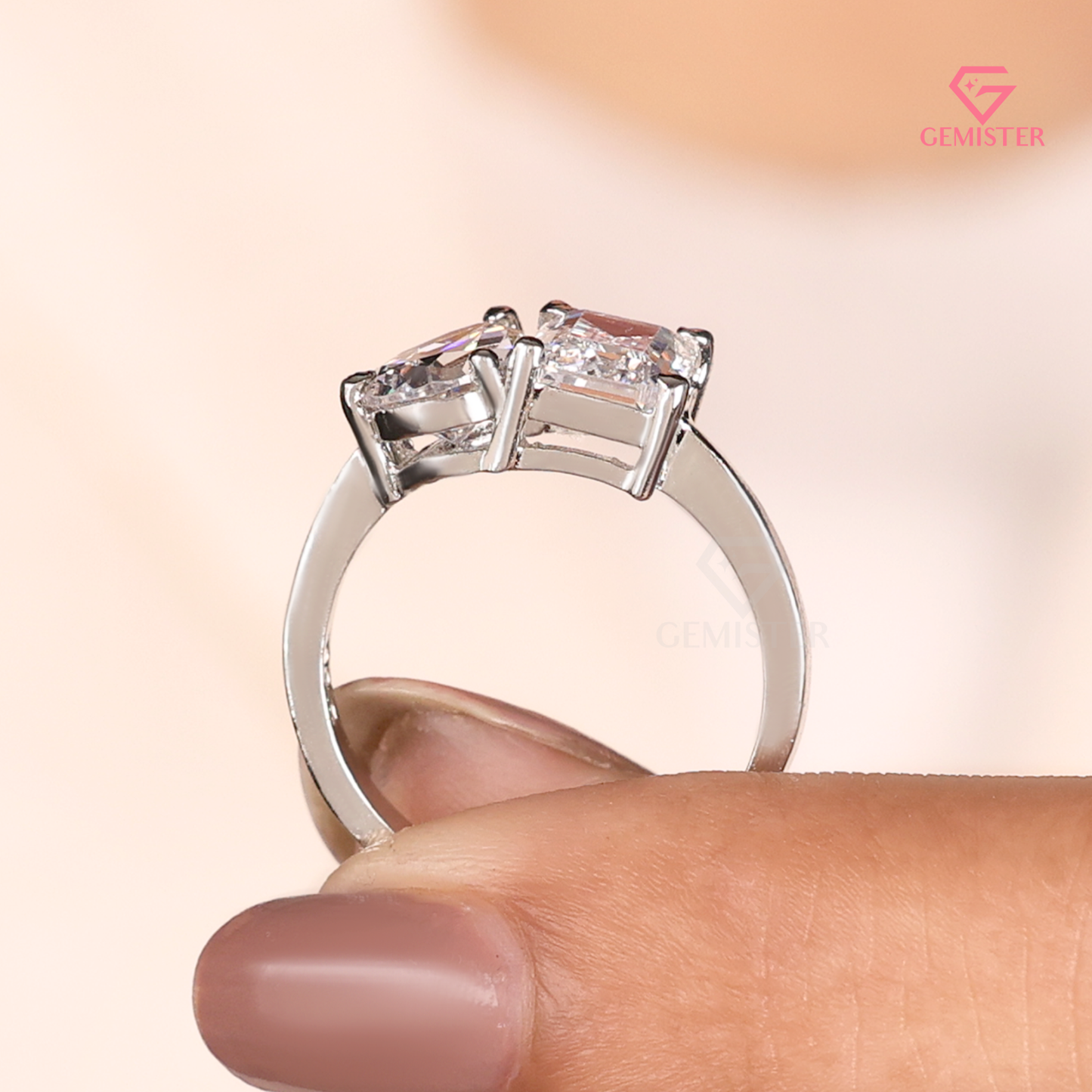 Toi et Moi Emerald and Pear Cut Lab Grown Diamond Engagement Ring in 14K White Gold