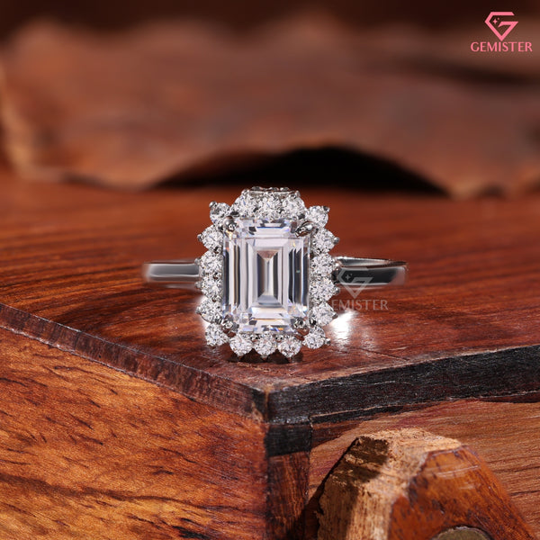 Emerald Cut Diamond Halo Engagement Ring in 14K White Gold, Vintage Style Wedding Ring