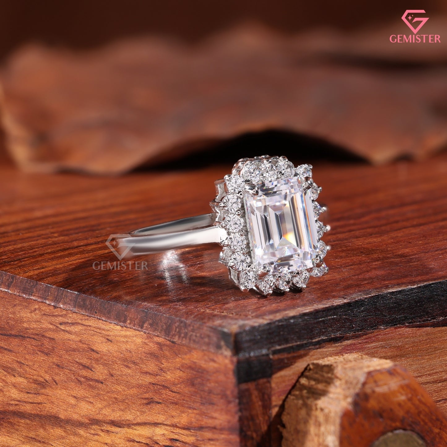 Emerald Cut Diamond Halo Engagement Ring in 14K White Gold, Vintage Style Wedding Ring