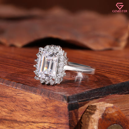 Emerald Cut Diamond Halo Engagement Ring in 14K White Gold, Vintage Style Wedding Ring
