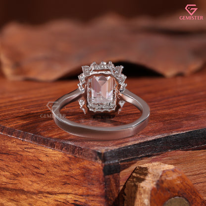Emerald Cut Diamond Halo Engagement Ring in 14K White Gold, Vintage Style Wedding Ring