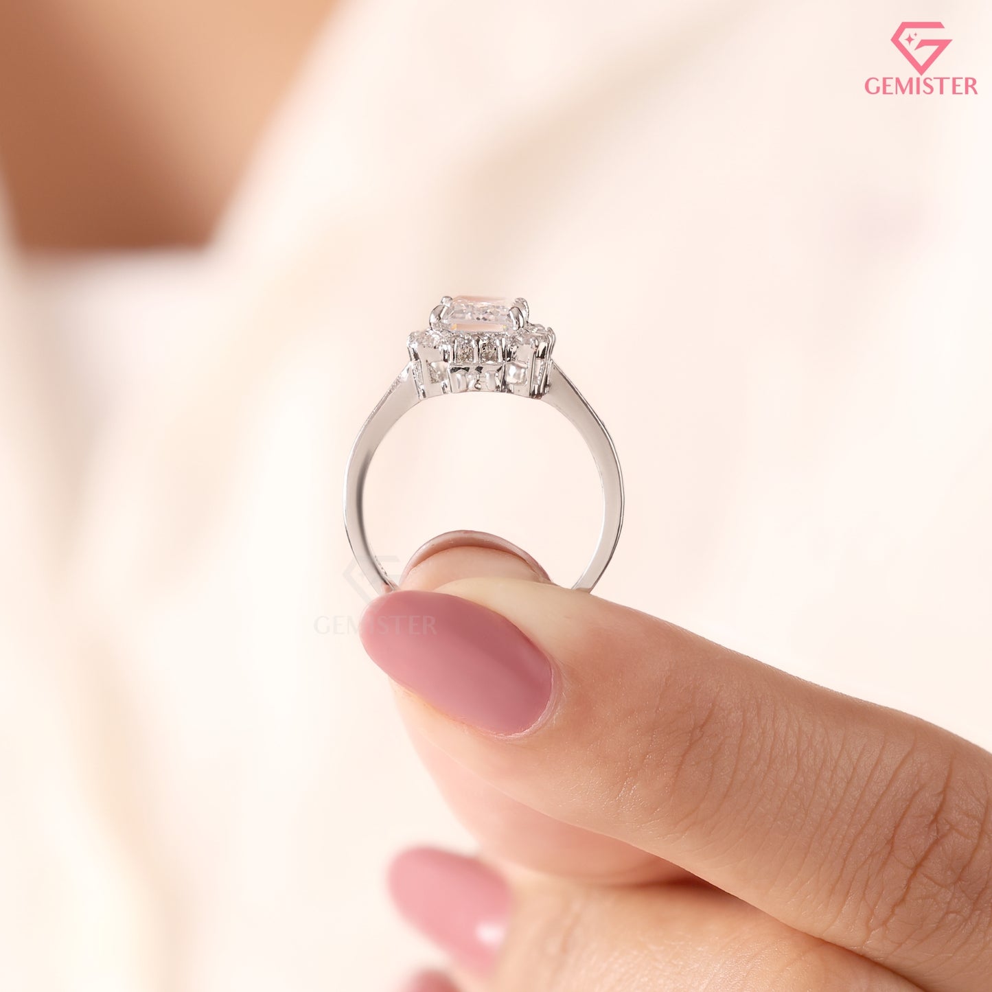 Emerald Cut Diamond Halo Engagement Ring in 14K White Gold, Vintage Style Wedding Ring