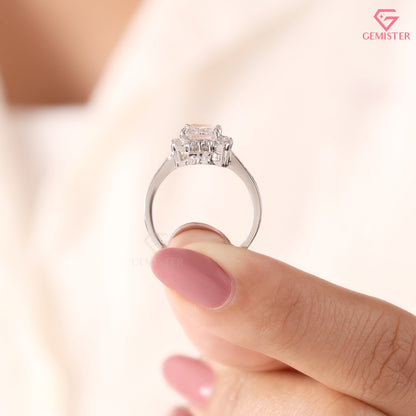 Emerald Cut Diamond Halo Engagement Ring in 14K White Gold, Vintage Style Wedding Ring