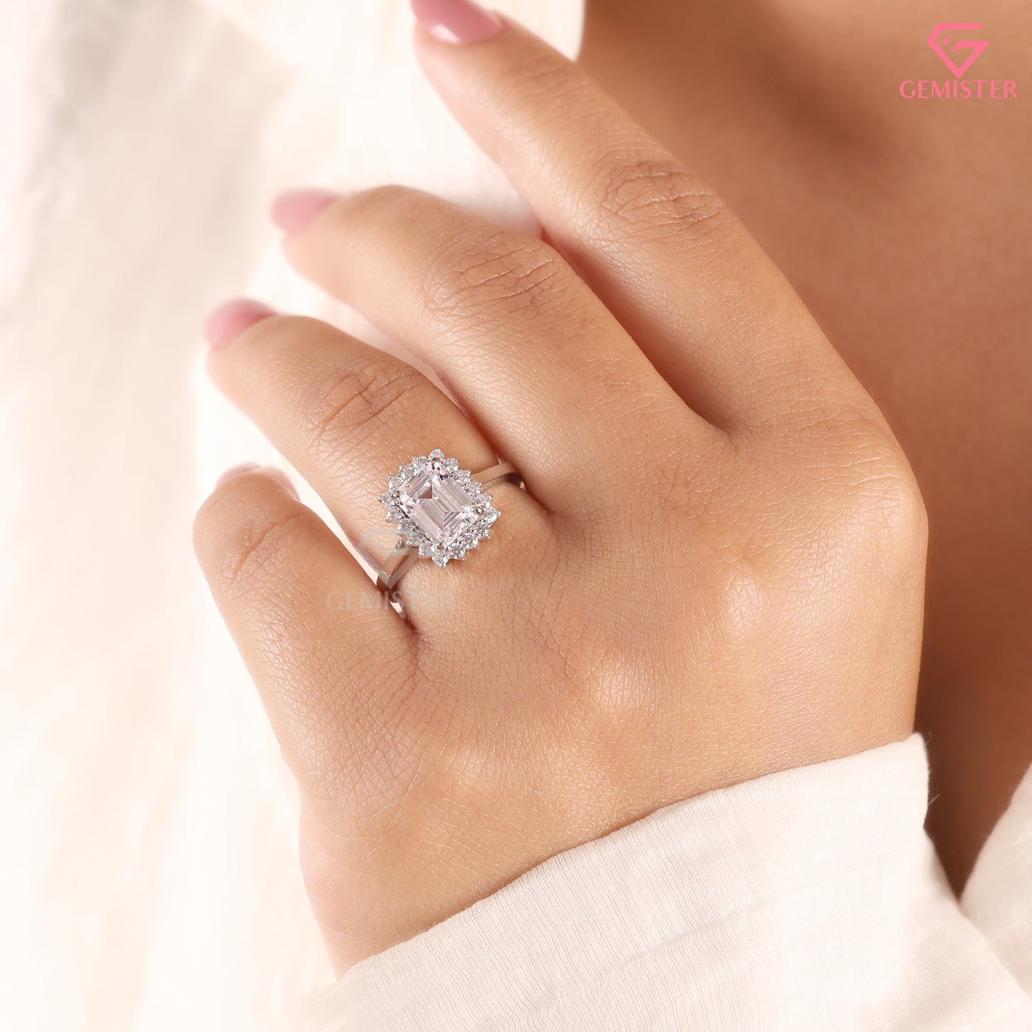 Emerald Cut Diamond Halo Engagement Ring in 14K White Gold, Vintage Style Wedding Ring