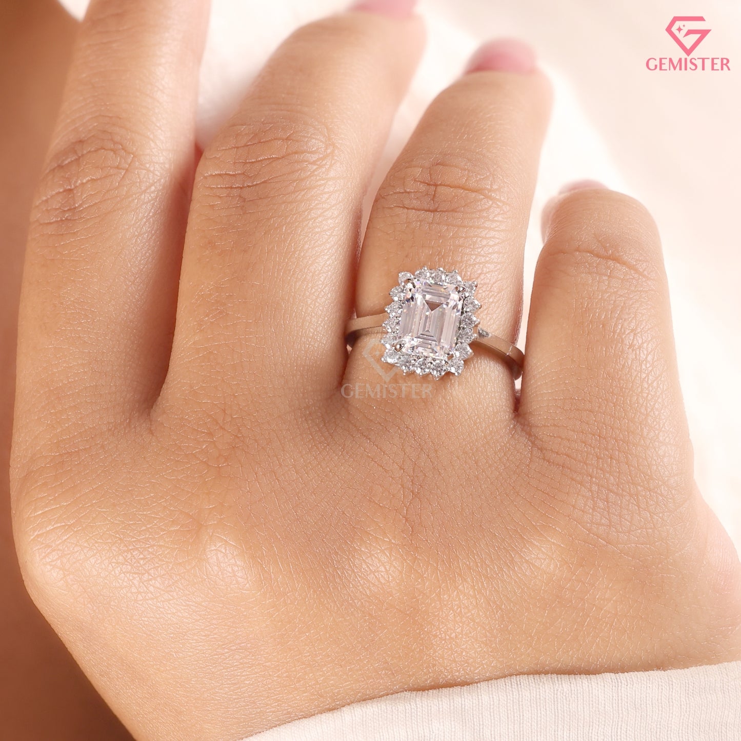 Emerald Cut Diamond Halo Engagement Ring in 14K White Gold, Vintage Style Wedding Ring