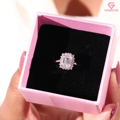 Emerald Cut Diamond Halo Engagement Ring in 14K White Gold, Vintage Style Wedding Ring